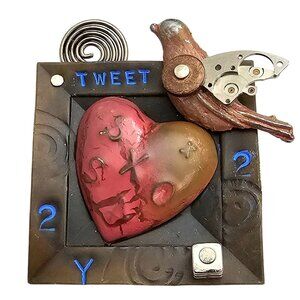 Steam Punk Style Bird Heart Brooch Tweet Metal Pin J496